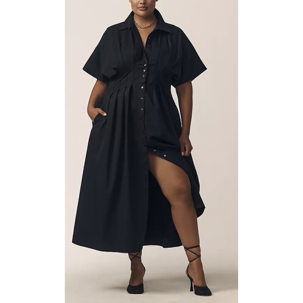 Anthropologie Exquise 1X Black Tobie Pleat Shirt Dress Midi Corset Waist Dolman